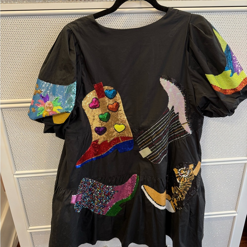 QUEEN OF SPARKLES Black Mini Dress with Multicolor Sequin Boots - Picture 2 of 2